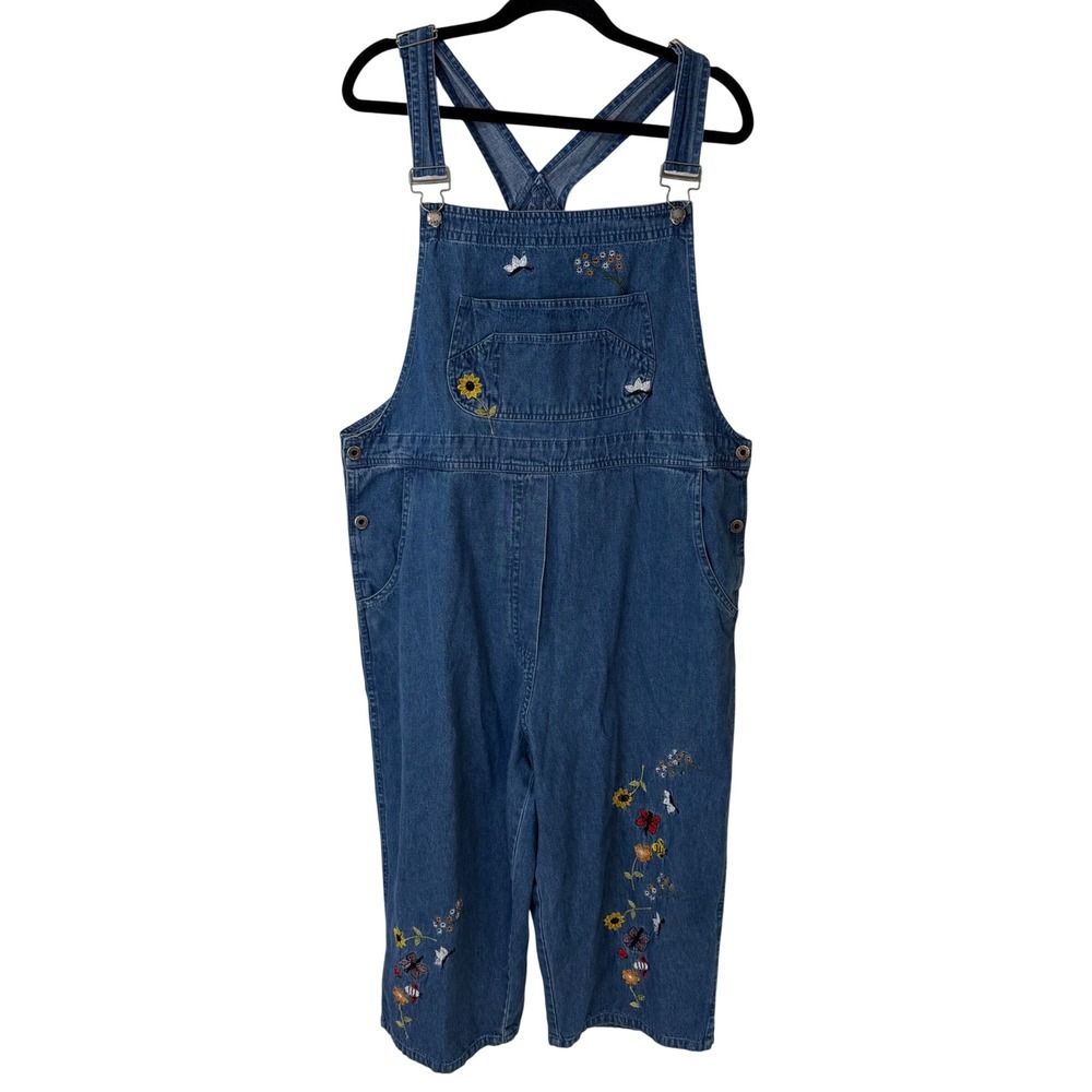 Agapo Womens Denim Overalls Large Blue Floral Butterfly Embroidered Wide Leg